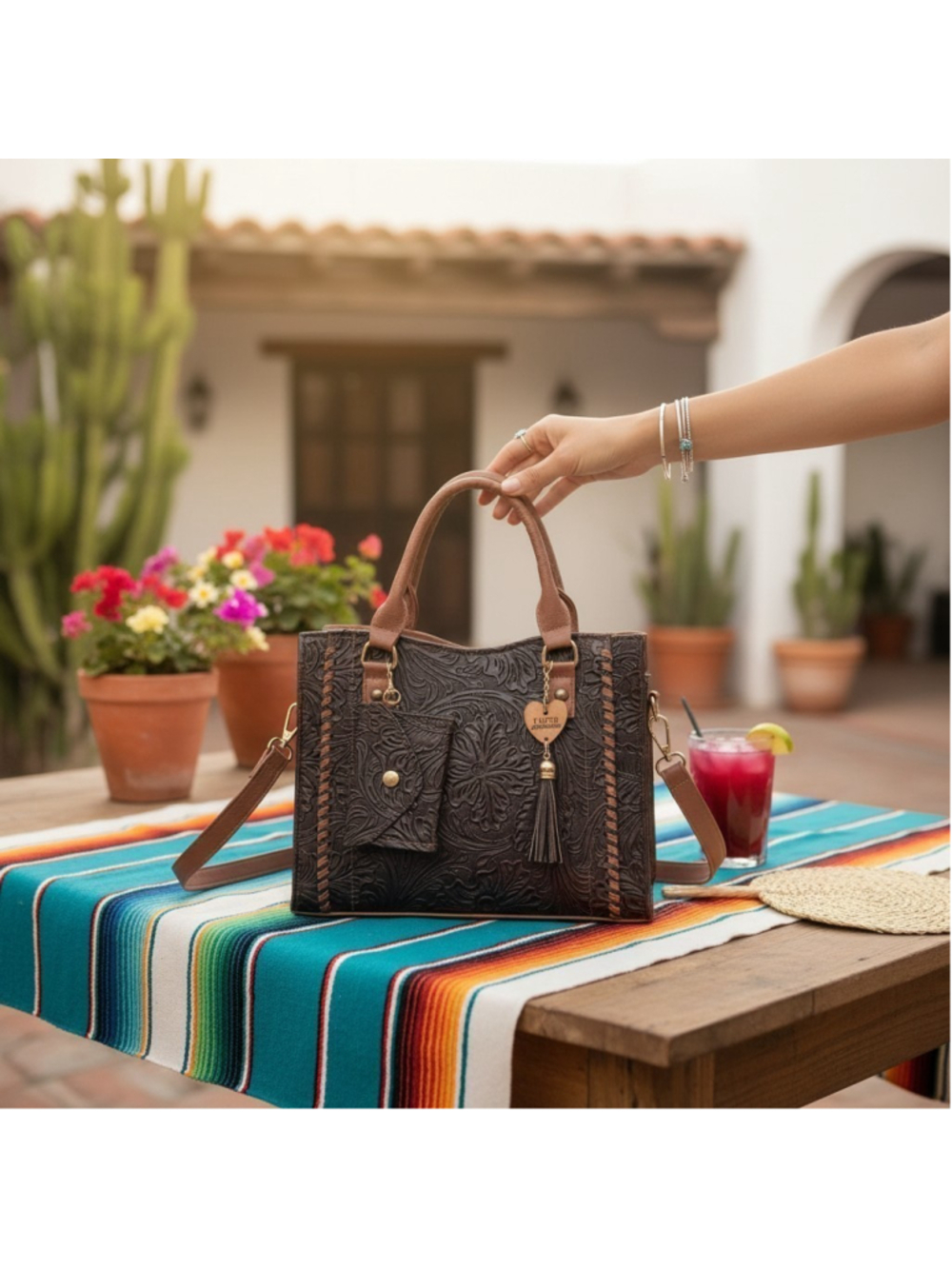 Chocolate Brown FLORAL Cross Stitch Embossed Tooled Artisan LEATHER Purse Bag
